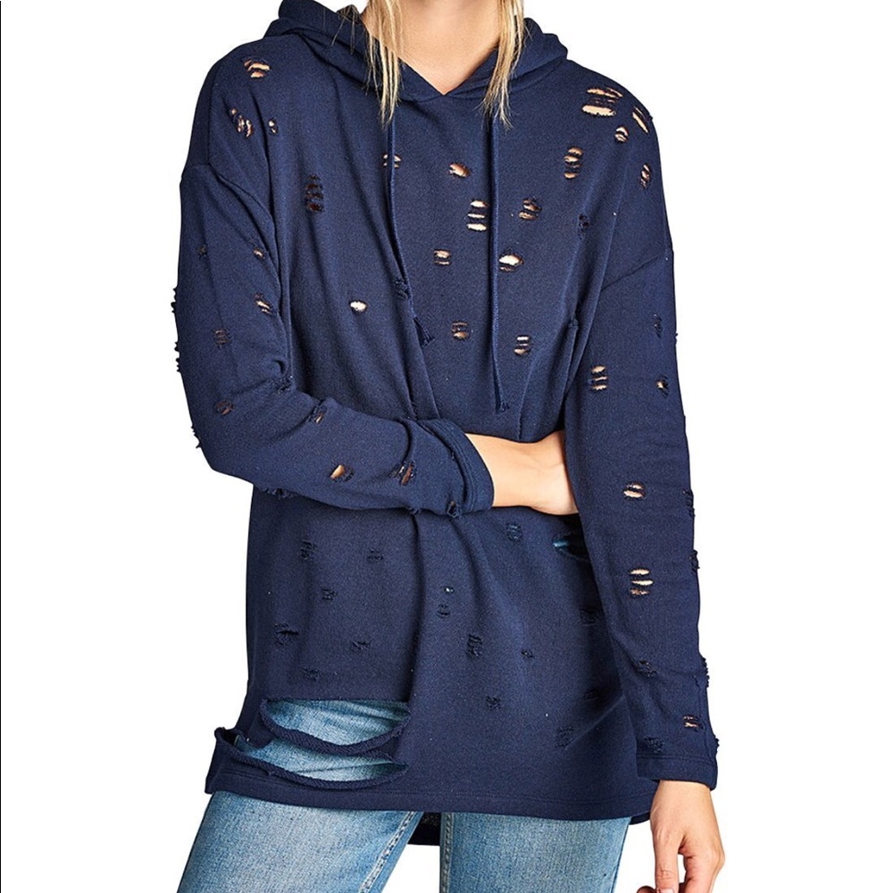 Navy Distressed Knit Hoodie